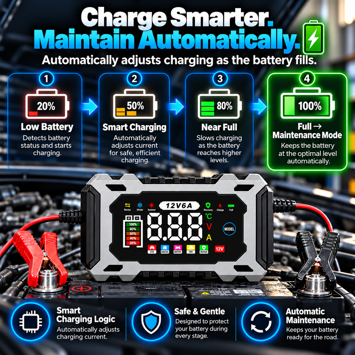 12V 6A Smart Battery Charger Maintainer - Fully Automatic Trickle Charger
