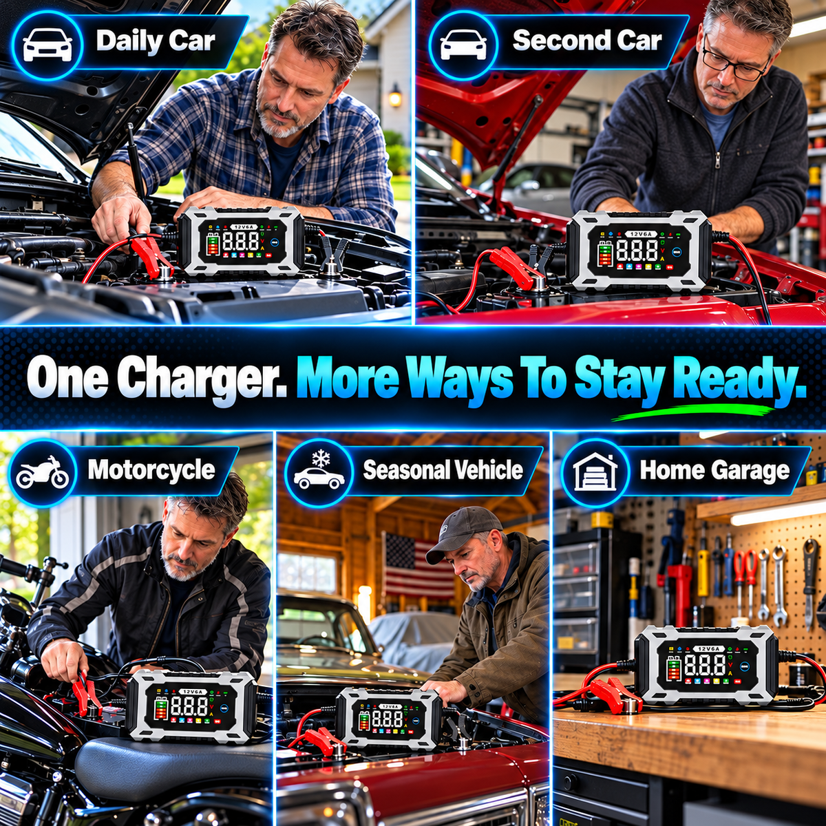 12V 6A Smart Battery Charger Maintainer - Fully Automatic Trickle Charger