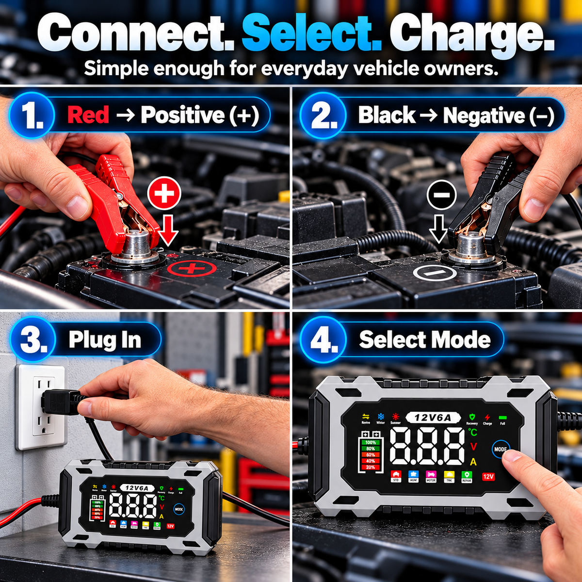 12V 6A Smart Battery Charger Maintainer - Fully Automatic Trickle Char ...